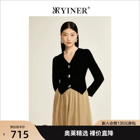 YINER音儿专柜女装2022冬季新款V领艺术纽扣丝绒短款外套商品大图