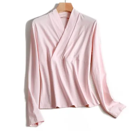 人字交领上衣改良汉服小衫内搭长袖中式打底衫中衣女v领T恤小立领图片