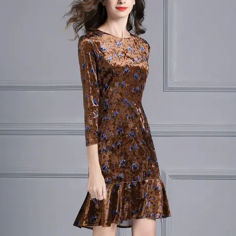 水墨青华冬新品时尚修身一步裙优雅鱼尾摆丝绒印花连衣裙图片