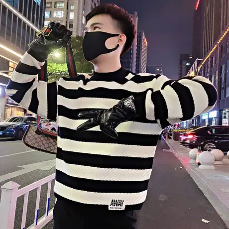 秋冬黑白撞色条纹毛衣男轻熟休闲加厚针织打底衫ins爆款打底线衣商品大图