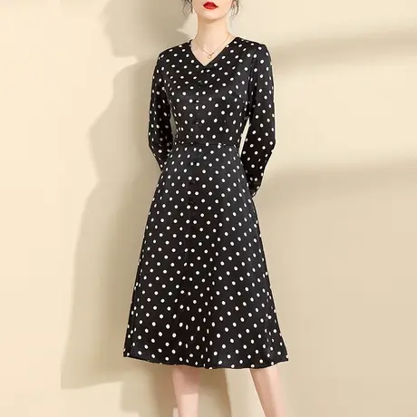 水墨青华冬装新款简约时尚女装裙子修身中长款波点印花连衣裙商品大图