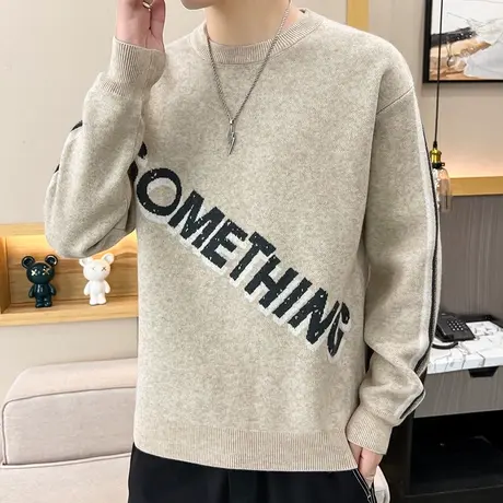 2023秋冬季潮牌男士针织衫帅气修身圆领打底毛衣男长袖学生上衣服商品大图