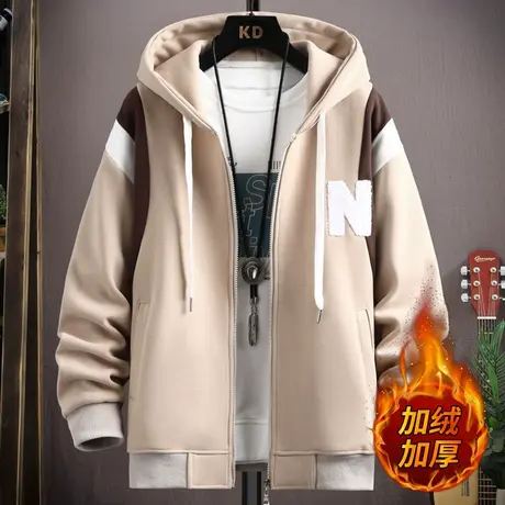 外套男秋冬款加绒加厚潮流开衫连帽卫衣帅气保暖抽绳宽松男士夹克商品大图