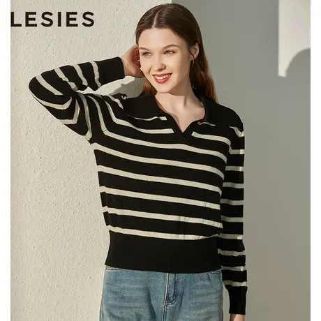 【100%羊毛】蓝色倾情秋冬女装新款翻领宽松版外穿绵羊毛条纹毛衣图片