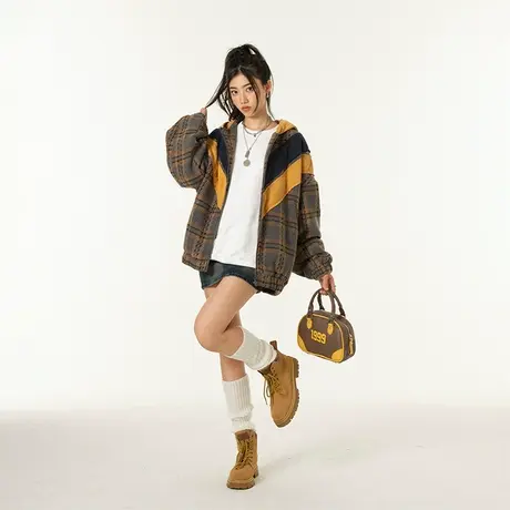 YEP复古格子拼接连帽运动外套女春秋2024新款街头潮牌宽松棒球服商品大图