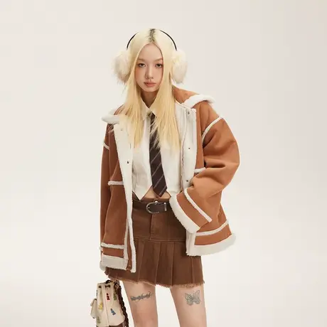 复古羊羔毛拼接棉服女冬季加厚外套2023新款潮牌宽松oversize棉衣商品大图