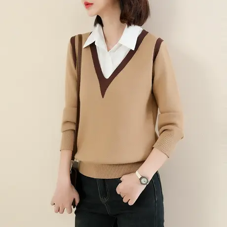 韩潮袭人高级感POLO领假两件毛衣女2023冬新款宽松显瘦针织衫上衣图片