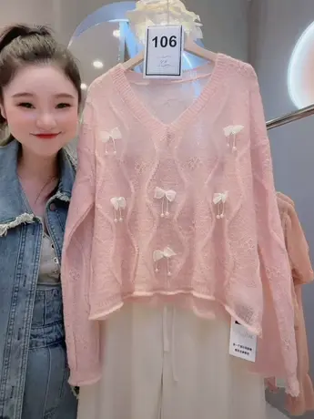 别致V领软糯蝴蝶结针织衫女春夏薄款甜美减龄粉色毛衣洋气上衣仙图片