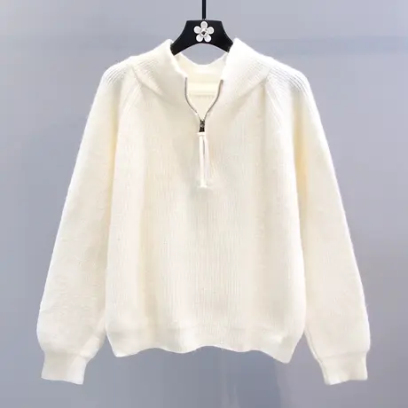 半拉链高领毛衣女秋冬2023新款宽松慵懒风中长款加厚套头针织上衣商品大图