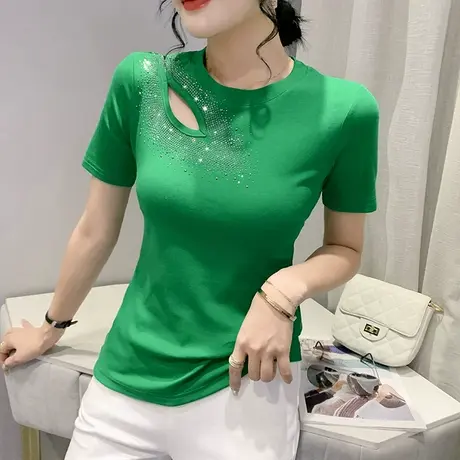 性感镂空短袖T恤女时尚烫钻上衣设计感小众夏装气质百搭修身小衫图片