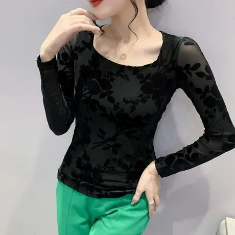 复古提花T恤女长袖2023春秋新款性感黑色网纱打底衫修身圆领上衣商品大图