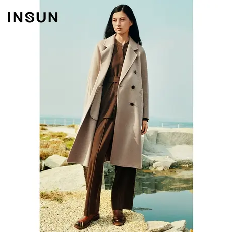 INSUN恩裳冬季双排扣慵懒风山羊绒毛呢大衣外套图片