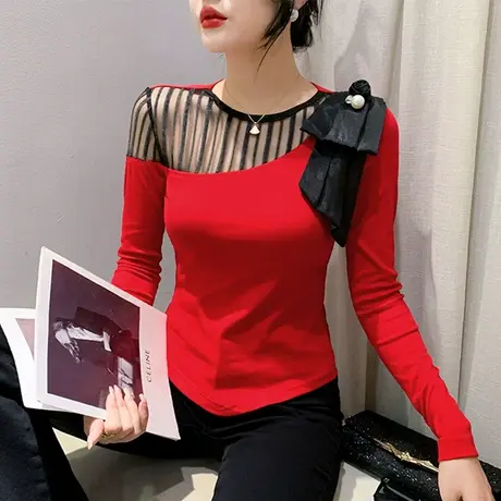 不规则竖条纹网纱T恤女长袖个性露肩上衣洋气修身秋冬新款打底衫商品大图