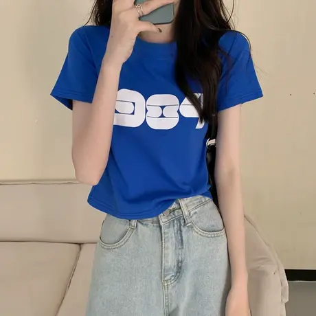 克莱因蓝t恤女短袖夏季2023新款设计感小众高腰短款纯棉上衣ins潮商品大图