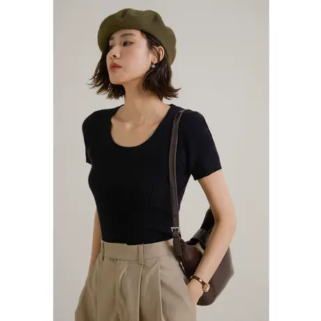 弥古黑色短袖针织衫修身短款t恤女士春秋高级感显瘦打底内搭上衣商品大图