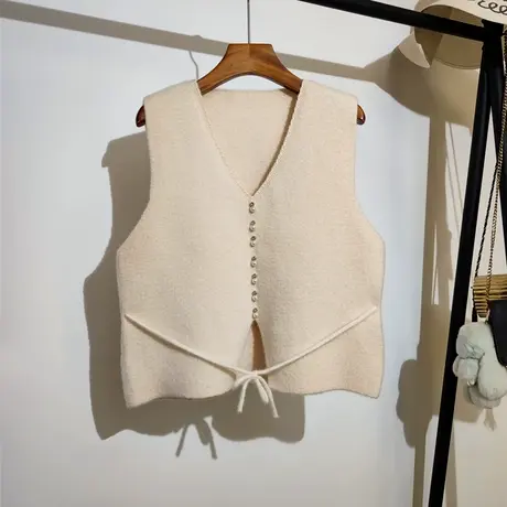 小香风针织马甲女2023秋冬新款v领叠穿内搭系带毛衣背心坎肩外穿商品大图