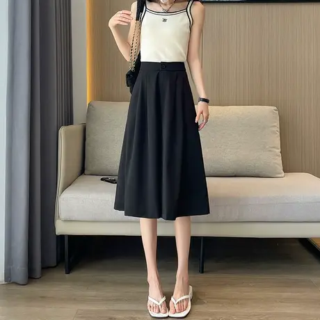 黑色七分西装阔腿裤女2023年夏季高腰显瘦冰丝休闲垂感八分裤裙子图片