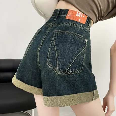 高腰卷边牛仔短裤女夏季薄款显瘦宽松百搭小个子辣妹a字阔腿热裤商品大图