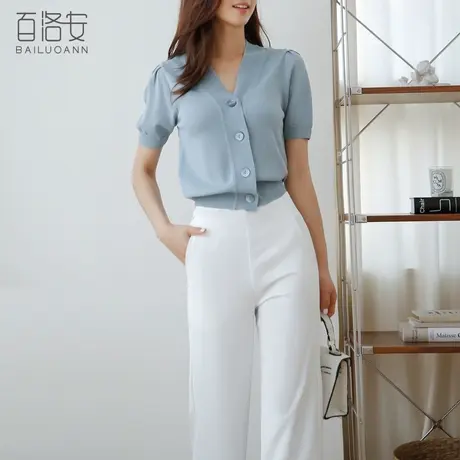 百洛安V领短袖针织开衫女夏新款宽松薄款防晒空调衫百搭冰丝上衣商品大图