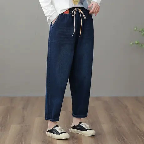 dza 高腰显瘦宽松阔腿牛仔裤子女士2023春季抽绳直筒哈伦休闲女裤图片
