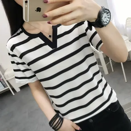 2024夏季新款韩版修身显瘦时尚V领条纹T恤女短袖百搭打底衫上衣商品大图