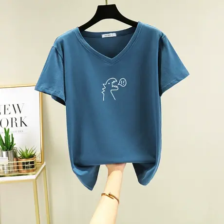 短袖T恤女夏季韩版宽松港风chic纯棉百搭慵懒风学生V领半袖上衣潮商品大图