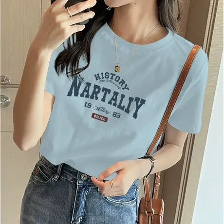 纯棉短袖蓝色T恤衫女2023夏季新款大码圆领美式复古上衣宽松体恤图片