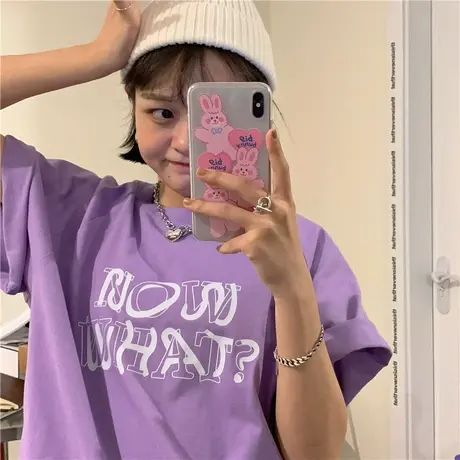 原创2023新款夏装港风ins字母宽松oversize百搭纯棉短袖T恤女上衣商品大图