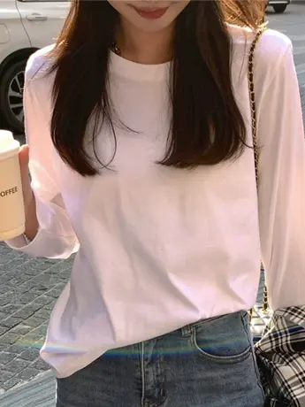 正肩长袖T恤女白色打底衫女内搭加绒冬季春秋装百搭宽松上衣纯棉图片