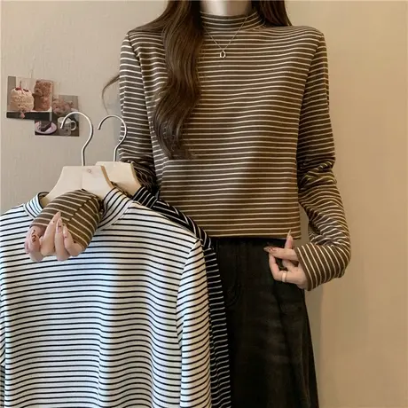 德绒半高领加厚打底衫女内搭秋冬季修身长袖T恤条纹上衣潮ins港风商品大图