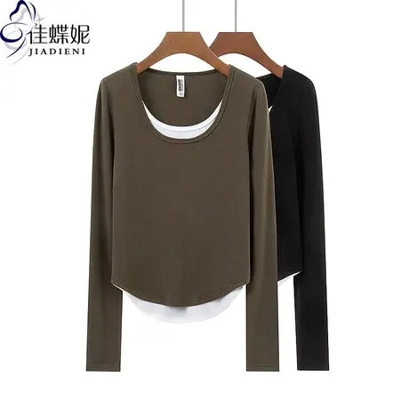 早春新款韩版圆领假两件下摆圆弧修身纯棉长袖体恤上衣内搭女打底商品大图