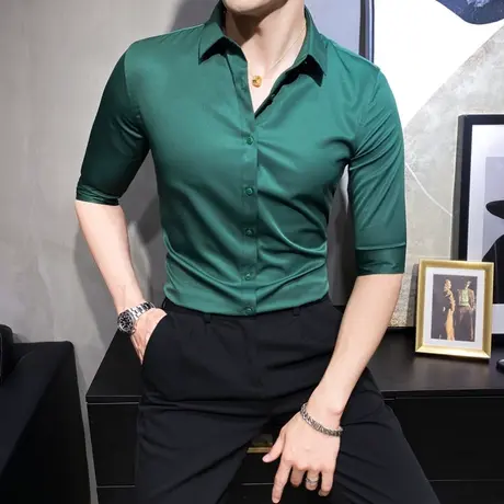 网红气质墨绿色衬衫男半袖春夏2024年大码商务痞帅垂滑七分袖寸衣图片