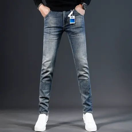蓝色牛仔裤男秋冬季2023新款弹力修身小脚男士休闲潮流百搭裤子男商品大图