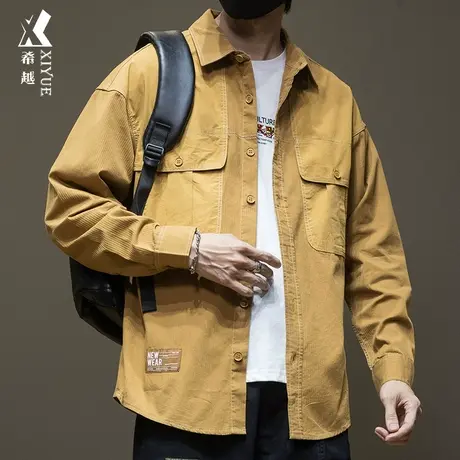 2023秋季款长袖衬衫男姜黄色工装衬衣外套男士宽松大码秋冬男装潮商品大图