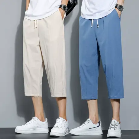 日系薄款亚麻短裤男休闲裤抽绳松紧腰纯麻中裤宽松透气麻料七分裤商品大图