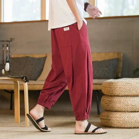 夏季薄款透气八分裤男棉麻复古亚麻裤夏束脚运动裤男士宽松阔腿裤图片