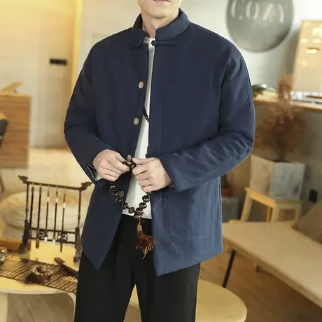 中国风复古棉麻唐装棉袄冬季加厚棉衣男士粗麻棉服中式禅服居士服商品大图
