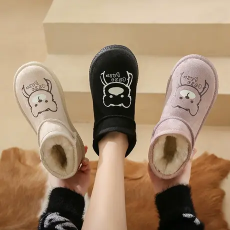 可爱卡通小熊雪地靴女皮毛一体加绒加厚2023年秋冬季新款低帮棉鞋图片