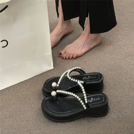 夹趾凉鞋女2024年夏季新款厚底增高女鞋珍珠仙女风坡跟一字拖外穿商品大图