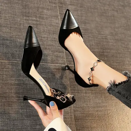 高跟鞋女细跟2024年新款春季百搭法式性感一字扣黑色职业中空单鞋图片
