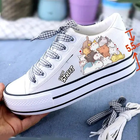 森女士高帮帆布鞋 内增高女鞋2023夏秋学生系带韩版百搭小白鞋 女商品大图