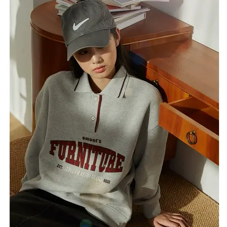 omont蛋挞家 复古字母刺绣polo领卫衣女秋冬2023新款宽松加绒上衣图片