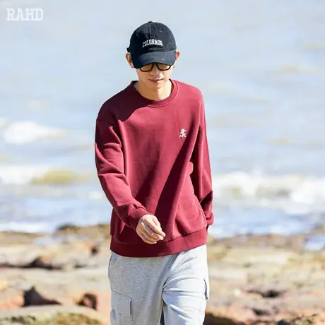 Radiohead圆领卫衣男酒红本命年休闲加绒加厚大码宽松上衣流行图片