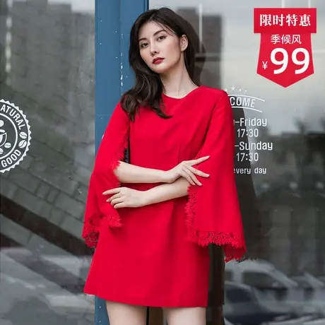 季候风连衣裙 少女甜美蕾丝收腰显瘦短款纯色裙子女0603LA121图片
