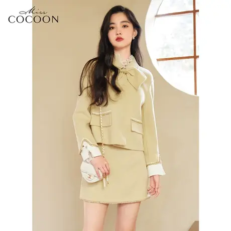 misscocoon小香风毛呢外套23新款秋冬蝴蝶结双面呢羊毛大衣商品大图