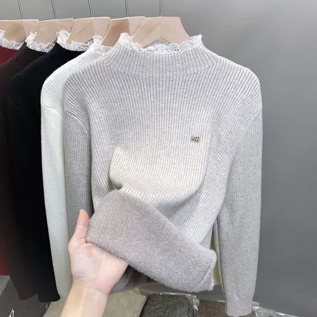 一体绒半高领毛衣女加绒加厚打底衫2023秋冬新款针织衫蕾丝上衣潮商品大图