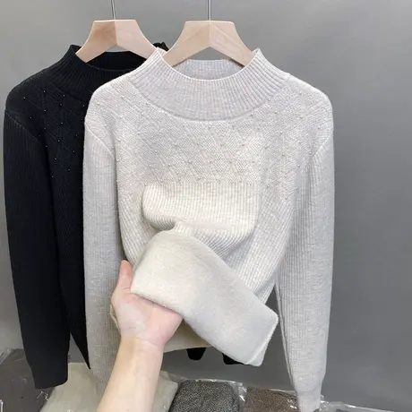 一体绒半高领毛衣女加绒厚打底衫2023秋冬新款钉珠针织衫内搭上衣商品大图