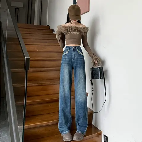 复古美式高腰阔腿牛仔裤女春秋2024新款显瘦直筒宽松小个子拖地裤商品大图
