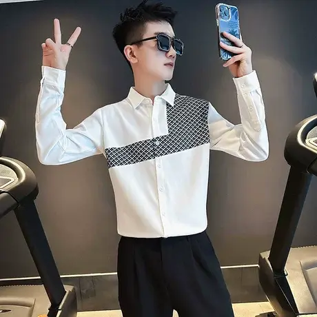 长袖衬衫男春秋季拼接设计休闲痞帅百搭寸衫ins高级感发型师衬衣商品大图