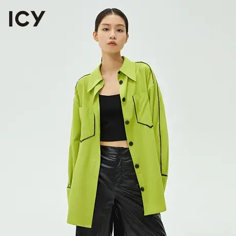 icy女装春秋新款设计小众宽松落肩撞色边口袋长袖尖领衬衫女商品大图